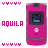 A pink mobile phone icon with a small screen showing blue and red pixels, surrounded by repeated 'Y' symbols and the word 'AQUILA' in matching pink text.