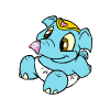 Blue cartoon elephant in diaper with yellow headband, blowing bubbles that change from pink to clear across frames.