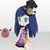 Pixelated anime-style character with blue hair and green eyes in purple dress holding white ball, standing on light gray background with red object nearby.