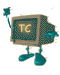Animated pixel art character with a computer monitor head displaying 'TC', teal limbs, and brown frame against gray background.