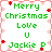 Green pixelated text reads 'Merry Christmas Love U Jackie P' on a white background with red and pink floral border, repeated in four quadrants.