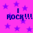 A static image with a bright pink background filled with purple stars, displaying four identical text blocks reading "I ROCK!!!" in dark blue pixelated font.