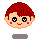 Pixel art avatar with red hair, black eyes with white highlights, pink cheeks, and a red mouth on a gray background.