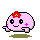 A 2x2 contact sheet of four pixel art frames showing a pink cartoon character with red flower headpiece, varying expressions and poses across the animation sequence.
