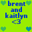 Pixelated green background with blue text 'brent and kaitlyn <3' and green heart icons in four corners, with two central heart icons changing from light green to blue.