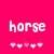 Pixelated pink background with white text labels 'horse', 'crazy', and 'x0' above of white heart icons, with a gray rectangular overlay on the right side