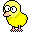 Pixelated yellow chick with pink feet and beak, white eyes with black pupils, gray background.