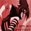 Anime-style character with dark hair and striped sleeves in a dynamic pose against a pink background, with text reading 'I am an avenger' at the bottom.