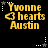 Yellow text on black background with animated star effects; 'Yvonne', '3 hearts', and 'Austin' displayed in pixelated font.