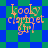 Pixelated text 'kooky clarinet girl' in orange-brown letters on a blue-green checkered background with diamond-shaped green