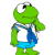 Pixelated green cartoon character with large white eyes and blue overalls standing in a side profile pose against a plain background.