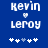 Blue background with white text 'kevin' and 'leroy' separated by a heart symbol, and five star-like symbols below.