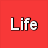 A four- with red and yellow backgrounds displaying text fragments 'Life', 'Is', 'Good!', and a sunset scene