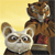 Two pixelated animals stand side-by-side against a yellow gradient background; the left animal has large eyes and a white face, the right animal has a brown body and red chest patch.
