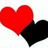 Two red hearts overlap a black heart on white background; one heart displays 'LOVE' text in white.