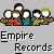 Pixelated graphic shows five cartoon figures with white faces and black outlines above text reading "Empire Records" on gray background.