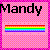 Pixelated pink checkered background with black text 'Mandy' and a horizontal rainbow stripe below.