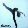 Silhouette of a person in a dynamic dance pose with one leg extended upward and arms outstretched, set against a light blue background with the word 'dance.' in dark text at the bottom left.