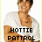 Pixelated image of a person in a white shirt with brown sleeves, wearing a necklace, and text reading HOTTIE PATROL overlaid.