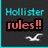 Pixelated icon with 'Hollister' text above 'rules!!', each version featuring a different color for the lower text and a white seagull symbol below.