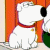 Animated contact sheet of a cartoon dog character with white fur, red collar, and black nose sitting against an orange background in five sequential frames showing subtle facial expression changes.