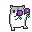 Pixelated character with white body, black limbs, and pink accents holds two purple square objects with cyan checkered patterns.