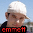 A person wearing a white cap and dark shirt appears in three with red text overlays reading 'emmett', 'cullen', and ':(' against a blue sky background