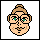 Pixelated cartoon head with brown hair, green eyes, and glasses; mouth changes from smile to neutral across frames.