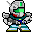 Pixelated character with green visor, gray armor, blue pants, and red accents in multiple poses showing weapon firing animation.