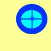 Five blue circular icons with cyan inner sections arranged in a 3x2 contact sheet on yellow background, each showing different internal line patterns across frames.
