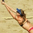 A pixelated figure in a swimming pose with one arm extended upward, wearing dark goggles and a blue swim cap against a light beige background.