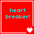 Red square with cyan text 'heart breaker!' and white border; four heart variations animate in bottom-right corner.