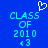 Blue background with cyan pixelated text reading "CLASS OF 2010" and "+3" below, plus a white pixelated heart symbol above the text.