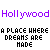 Pixelated text displays 'Hollywood' in purple and 'A PLACE WHERE DREAMS ARE MADE' in black with some words highlighted, arranged across multiple