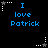 Blue text "I love Patrick" on black background with white and gray star icons in four corners, stars alternate between white and gray in animation.