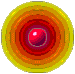 Six circular concentric ring patterns with central red spheres, each ring set in distinct color combinations of yellow, orange, red, and purple hues.