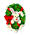 Pixelated bunny with pink ears and red bow inside green wreath, showing two animation frames where the wreath's small decorations change color.