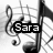 Black-and-white pixelated image with musical notes and a treble clef, featuring the name 'Sara' in two different text boxes.