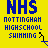 Yellow background with blue text reading 'NHS NOTTINGHAM HIGH SCHOOL SWIMMING' repeated in a pattern, some instances include small black and blue graphic elements