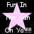 Pixelated pink star with white text on black background, repeated in two identical vertical