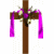 Brown wooden cross with purple ribbons and floral decorations on white background, next to green text reading Original Icons .com.