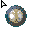 A circular icon with a metallic border and central light-colored design shrinks into an oval, then a vertical line, and finally expands back to oval shape.