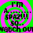 A static image with a green and pink spiral background, displaying repeated text elements including 'FM', 'spaz!!!', 'SO...', and 'watch ou' in black pixelated font.