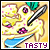 A pixelated image of a yellow dessert with pink sprinkles, a blue spoon, and a black fork, with the word 'TASTY' in purple text at the bottom.