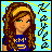 Pixel art of a person with long brown hair wearing a blue shirt with yellow text, set against a light blue background with yellow squares.