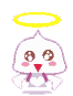 Pixelated angel icon with yellow halo, white body, pink blush, brown eyes, red beak-like mouth, and purple wings in two poses.