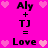 Pixelated pink background with black text and light pink hearts; two identical show 'Aly + TJ = Love' equations with heart symbols