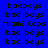 Pixelated text displays 'badboys', 'bad boys', and 'Miami Cops' in black on blue, purple, red backgrounds with no animation.
