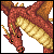Pixel art dragon with red-brown body, golden underbelly, and small horns, facing left on gray background.