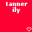Red background with white pixelated text 'tanner' above 'ily', two heart symbols at bottom center and right, no visible animation changes.